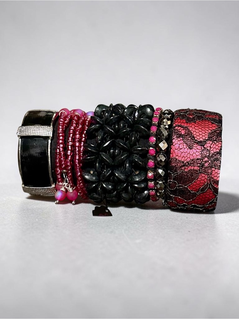 Bold Pink Black Bracelet Stack Chunky Statement Cuff Beaded Layered Set OS